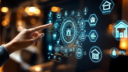 Poster - User interacts with advanced smart home interface in modern living space at night