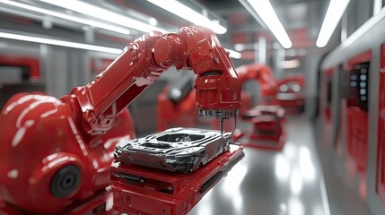 Poster - Precision robotic arms assembling car parts in an ultra-modern automotive production facility.