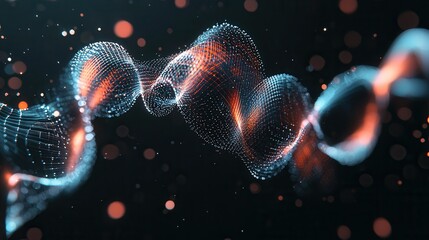 Poster - Abstract digital visualization of a complex interconnected network of luminous dynamic data particles forming a captivating wave like pattern