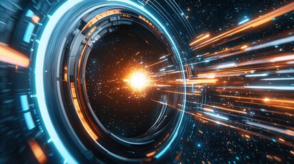 Poster - a visually stunning digital landscape depicting a hyperspace tunnel with vibrant beams of light stre