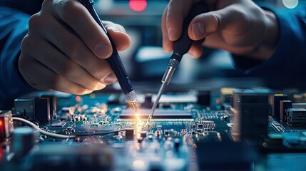 Poster - Skilled hands of an engineer using precision tools to connect electrical wires on an intricate machine circuit board in a factory