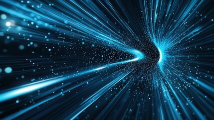 Poster - an ethereal and futuristic digital landscape with glowing blue particles and luminous beams evoking 