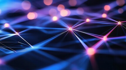 Fototapete - A futuristic digital network grid with intersecting lines points and geometric shapes in shades of blue purple and pink against a dark background creating a complex and dynamic visual effect
