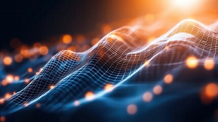 Poster - flowing digital network structure with abstract wave patterns of dynamic colorful light and energy r