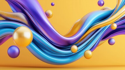 Poster - This vibrant surreal digital composition features a dynamic flowing 3D sphere with an iridescent metallic appearance set against a colorful gradient background