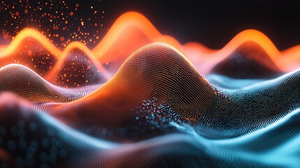 Poster - Captivating abstract visualization of a dynamic pulsating digital sound wave landscape with vibrant neon glow and luminous gradients
