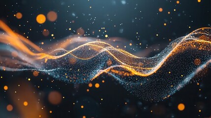 Poster - Captivating abstract visualization of a dynamic luminous digital sound wave design with pulsating neon glows and vibrant orange particles
