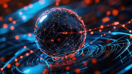 Poster - a futuristic and abstract digital sphere with a complex network of connecting points and lines repre