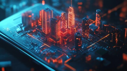Poster - Vibrant cyberpunk-style city glowing atop a smartphone screen, highlighting connectivity, urban life, and futuristic innovations