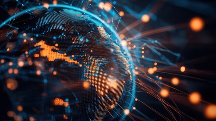 Poster - a digital sphere representing the interconnected global network of technology data and communication
