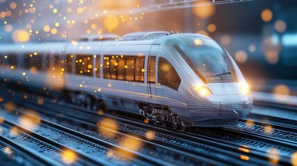 Poster - A sleek futuristic high speed train races through a vibrant neon illuminated cityscape showcasing the power efficiency and technological advancement of modern transportation