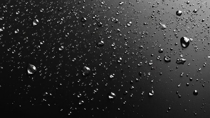 Poster - Water droplets cling to a smooth black surface, glimmering under ambient light. Each droplet catches the eye, forming a delicate display of reflections and textures that evoke a sense of tranquility