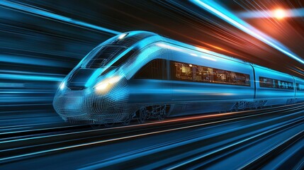 Poster - a futuristic high speed train speeding through a blue lit environment capturing the dynamic motion a