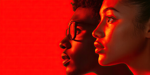 Poster - Profile Portraits of Man and Woman in Red Light