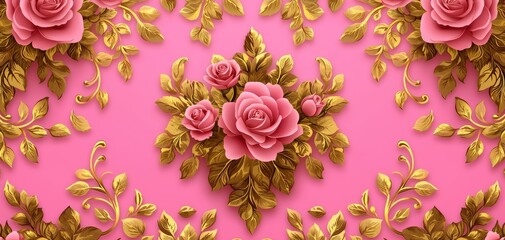 A vibrant pink background adorned with intricate golden floral patterns and pink roses, creating an elegant and decorative design.