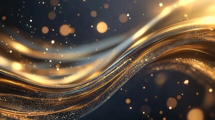 Poster - This abstract and visually stunning image features dynamic flowing golden waves cascading across the frame complemented by a sparkling array of bokeh lights that create a mesmerizing