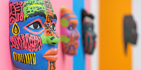 Poster - Close-up of a Multicolored Abstract Painted Mask and Partially Visible Similar Masks