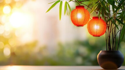 Poster - A modern office decorated with traditional Chinese elements like bamboo and red lanterns.