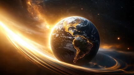Poster - a glowing spherical earth is enveloped in a swirling luminous network of digital connections represe