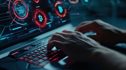 Poster - Hands Typing on Laptop Keyboard with Digital Currency Interface