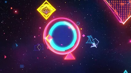 Poster - Vibrant digital geometric shapes and neon lights against a dark galaxy background, creating an energetic composition