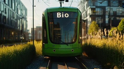 Poster - A modern green tram marked as Bio travels through a scenic urban landscape with tall buildings and lush grass at dusk
