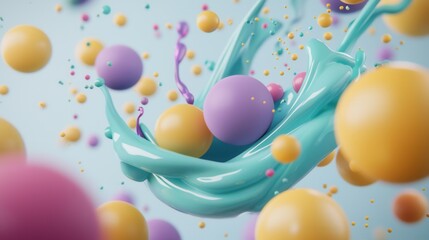 Poster - Colorful and dynamic 3D party balls and liquid particles swirling and splashing in a vibrant abstract motion