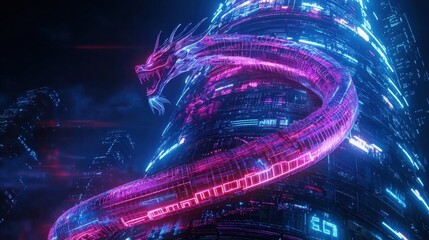 Poster - A neon dragon wrapping around a skyscraper during a cyberpunk festival.