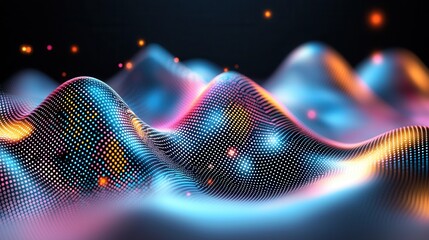 Fototapete - A vibrant futuristic visualization of a dynamic data wave flowing across an intricate interconnected neural network landscape