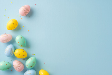 Wall Mural - pastel-colored easter eggs with decorative designs arranged on a soft backdrop, accompanied by small