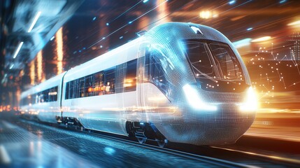 Poster - a sleek high speed train glowing with futuristic blue digital wireframe lights capturing a sense of 