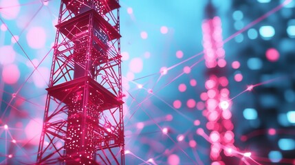 Poster - A vibrant neon lit depiction of a futuristic data wave flowing through an intricate interconnected neural network representing the complex exchange and of technological information