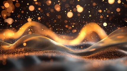 Poster - mesmerizing abstract landscape of glowing fluid wave like lines and dynamic shimmering bokeh effects