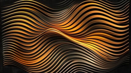 Poster - Futuristic digital abstract with shimmering gold neon wave like lines flowing and moving in a dynamic high speed pattern against a dark background