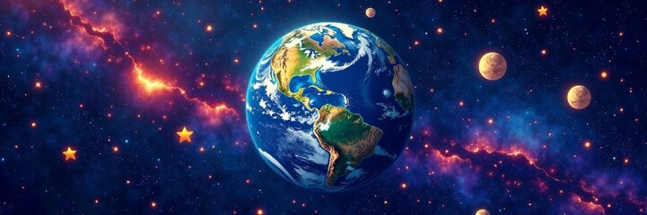 artistic depiction of planet earth surrounded by doodled stars and galaxies in linear design, digita