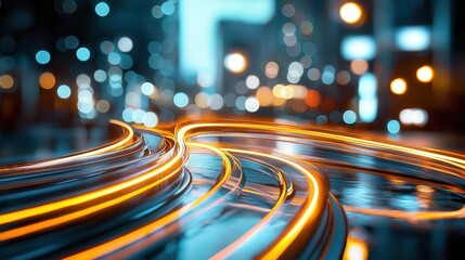 Poster - An abstract and futuristic digital cityscape with neon colored light trails and wave like patterns creating a dynamic and energetic visual representation of urban movement and connectivity