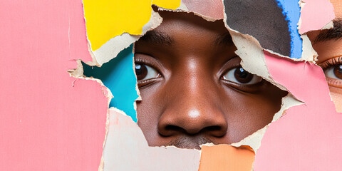 Poster - Human Face Through Torn Multicolored Paper