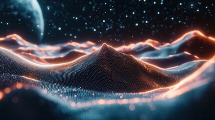 Poster - a captivating digital landscape featuring a glowing surreal mountain range with flowing waves of dat