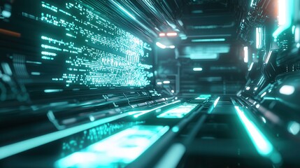 Poster - vibrant luminous digital waves pulsing and streaming through a sleek futuristic and dark technologic