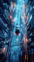 Poster - aerial view of futuristic city streets with high-tech car traffic