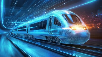 Poster - A sleek high speed train glides along a futuristic digitally rendered railway its blue wireframe form illuminated by a glowing energy as it zips through a city skyline at night
