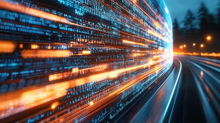 Fototapete - A futuristic glowing neon cyber tunnel with abstract dynamic patterns of light and movement suggesting technological progress and digital innovation