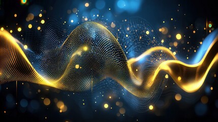 Poster - mesmerizing abstract composition with glowing neon gold waves and a dynamic sound wave visualization