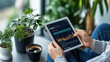Poster - User exploring neobanking trends with a digital application while enjoying coffee at home