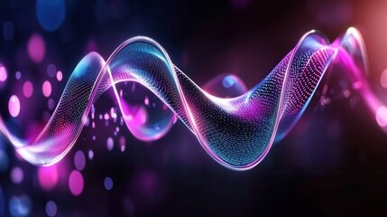 Poster - Captivating abstract image featuring glowing neon like sound waves with shimmering ethereal bokeh effects in a vibrant dynamic and futuristic digital landscape