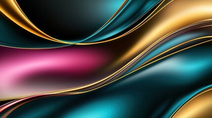 Poster - Vibrant abstract design featuring flowing glowing neon wave lines in shimmering hues of gold pink and blue creating a mesmerizing bokeh effect