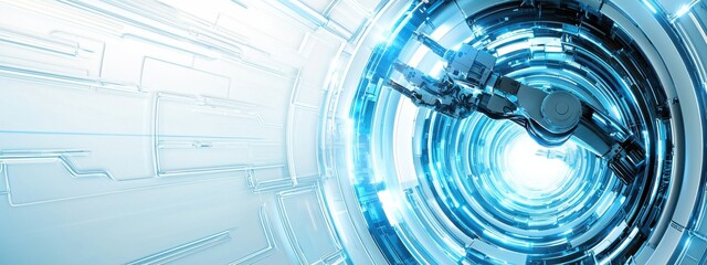 Poster - Futuristic Robotic Arm with Blue Light in Abstract Technology Background
