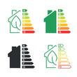 © dazzy - Energy efficient home editable stroke outline icon set isolated on white background. Energy efficiency rating symbols indicating environmentally friendly homes and labels