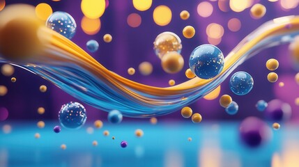 Poster - Vibrant abstract composition featuring a dynamic fluid motion with multicolored shimmering spheres against a vivid surreal backdrop of gradient patterns and radiant lighting effects