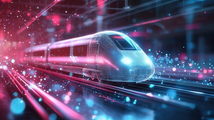 Poster - A high speed sleek and streamlined train with a glowing wireframe structure races through a dynamic neon lit futuristic digital cityscape
